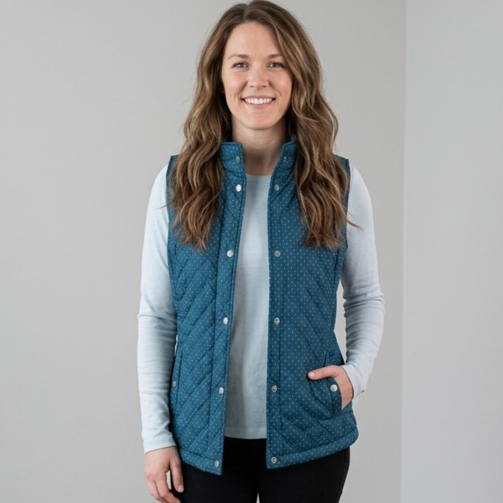 Merona NWT Large Teal Blue Polka Dot Diamond Quilted Puffer Snap Classic Vest DS